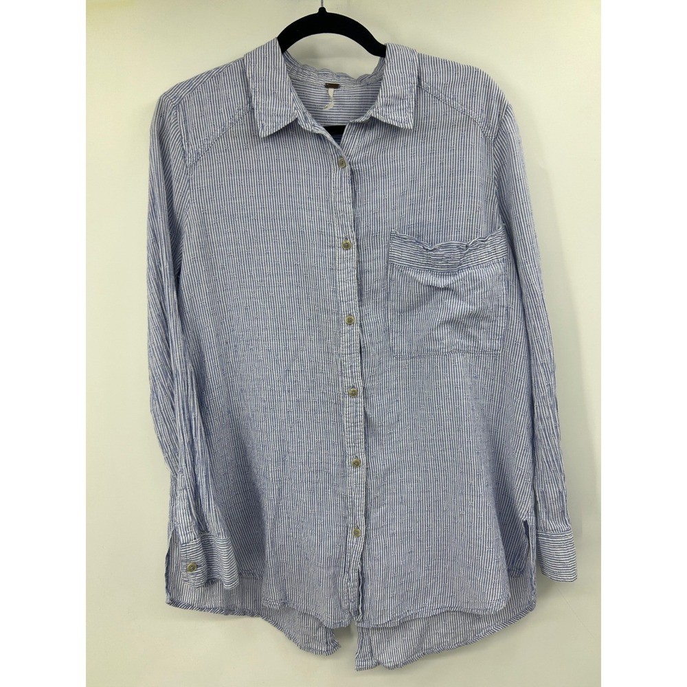 Free People Blue White Striped Dobby Button Down Shirt Long Sleeve Oversized Med